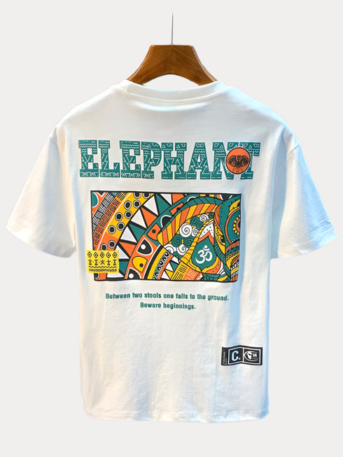 Premium Elephant Graphics Printed Tee with colorful elephant design and O-Neck collar.